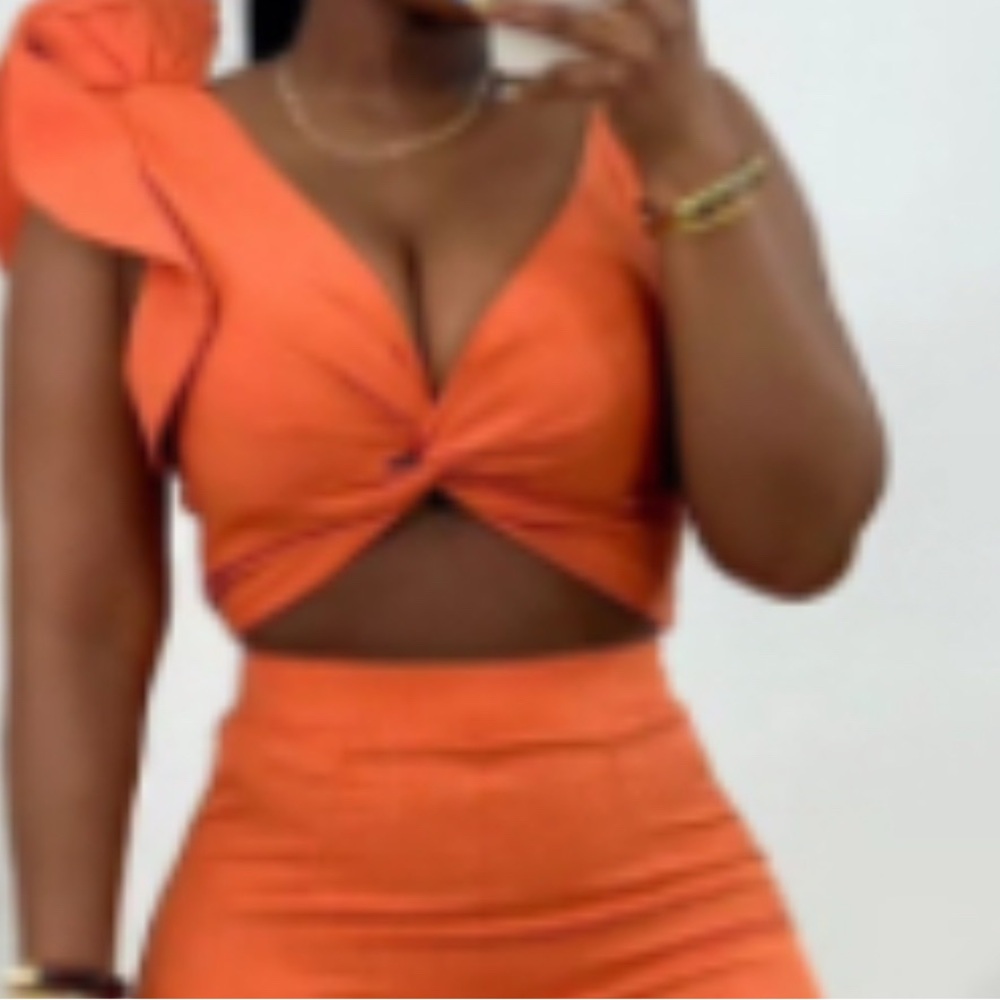 Orange Twist Front Crop Top and Skirt Set